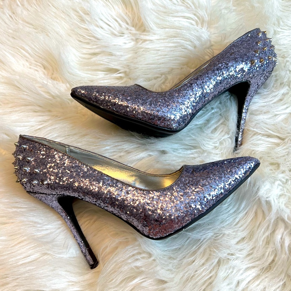 Steve Madden Spazz High Heels Silver Glitter Studded Spike Accents Women’s 10